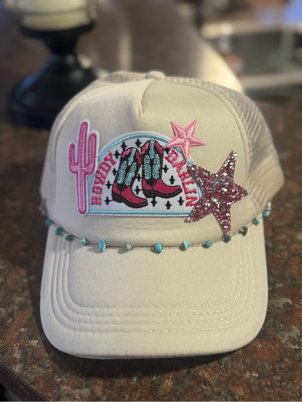 Women’s Beige Trucker Hat with Pink Western Patch/Turquoise Bead Trim. Handmade.
